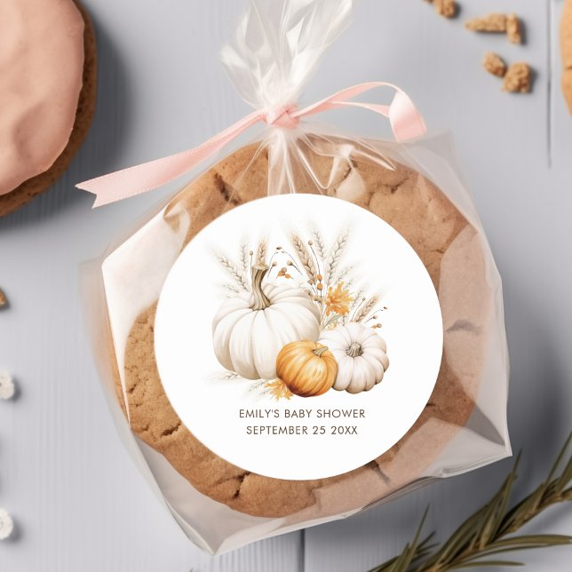 Boho Pumpkins Pampas Grasses Name Date Baby Shower Runder Aufkleber (Von Creator hochgeladen)