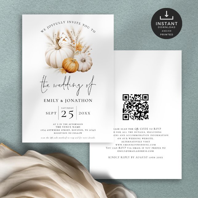 Boho Pumpkins Pampas QR Code Hochzeit im Herbst Einladung (Front and back view)