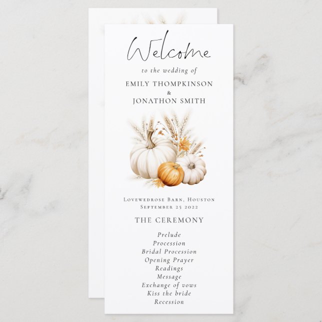 Boho Pumpkins Pampas Wedding Program Karte (Vorne/Hinten)