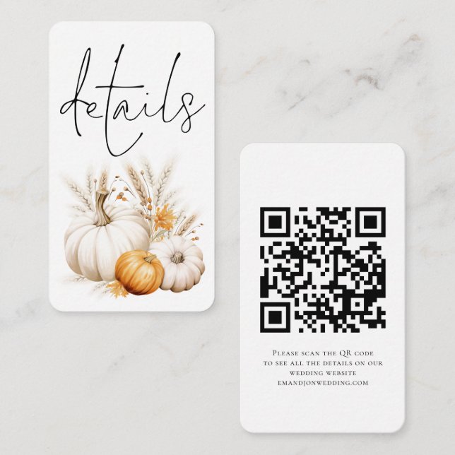 Boho Pumpkins Script QR Code Wedding Details Begleitkarte (Vorne/Hinten)