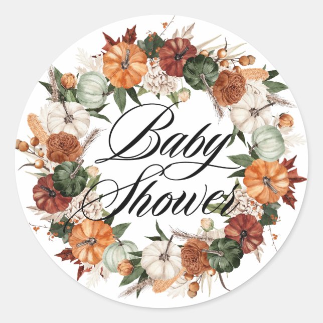 Boho Pumpkins Wreath Autumn Baby Shower Runder Aufkleber (Vorderseite)