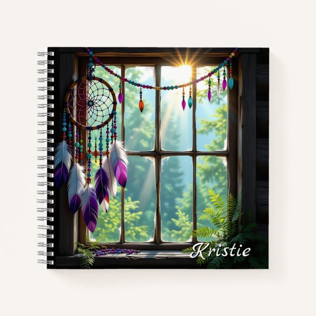 Boho Purple Dreamcatcher in Window  Personalized Notizbuch (Vorderseite)
