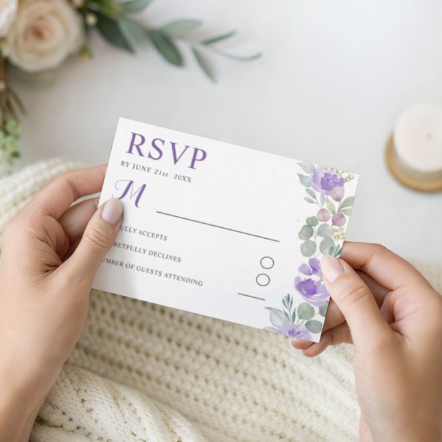 Boho Purple Floral Eucalyptus Wedding RSVP (Von Creator hochgeladen)