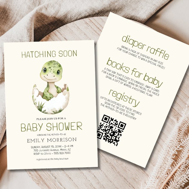 Boho QR Code Dinosaurier Hatching Bald Baby Dusche Einladung (Von Creator hochgeladen)