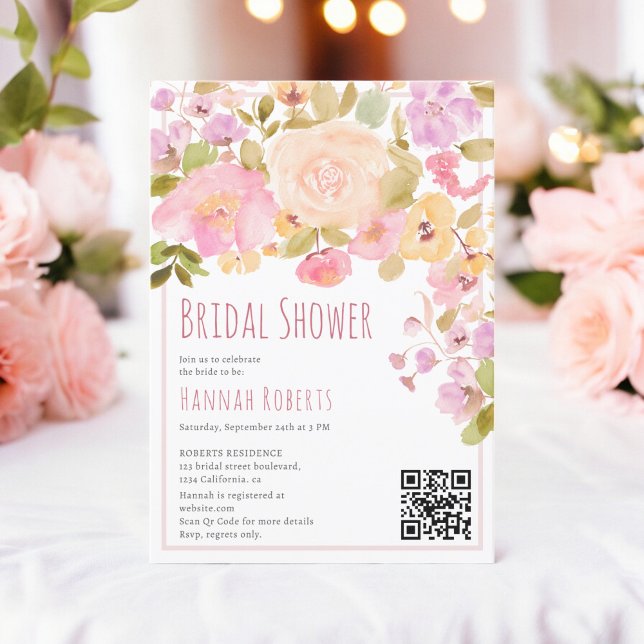 Boho QR Pastel Pink Peach Brautparty Einladung (Boho QR Pastel Pink peach Floral Bridal Shower Invitation on white)