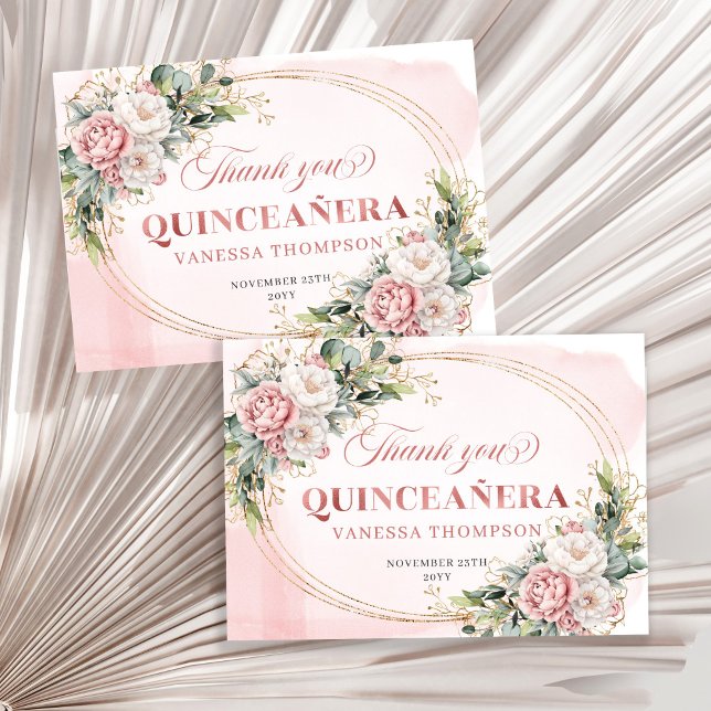 Boho Quinceañera Dankeskarten Rosen Gold Blumen Dankeskarte (Boho Quinceañera Thank You Card with Rose Gold Flowers)