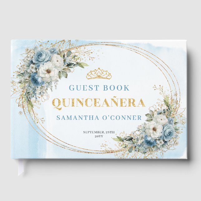 Boho Quinceañera Dusty Blue Gold Eucalyptus  Gästebuch (Vorderseite)