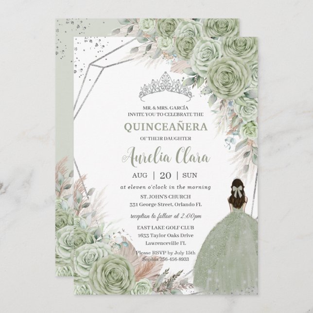 Boho Quinceañera Sage Green Floral Pampas Grass Einladung (Vorne/Hinten)
