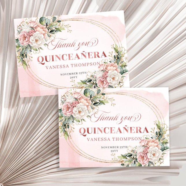 Boho Quinceañera Thank You Card Rose Gold Floral  Dankeskarte (Boho Quinceañera Thank You Card Rose Gold Floral Eucalyptus)