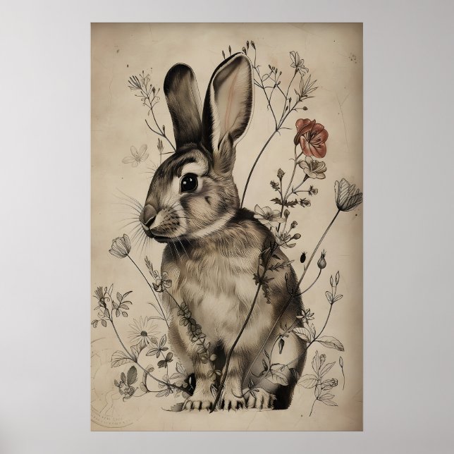 Boho Rabbit Bunny Flower Print, Rustic Hare Poster (Vorne)