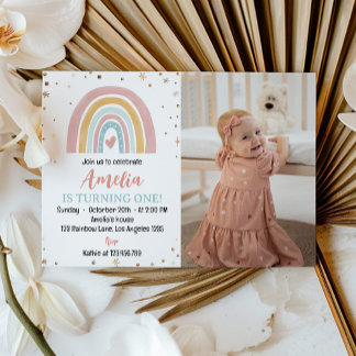 Boho Rainbow 1. Geburtstag Foto Einladung