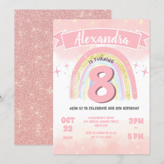 Boho Rainbow 8. any Age Birthday Girl Glitzer Einladung