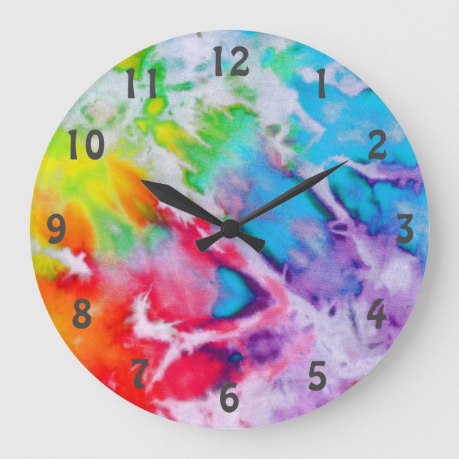 Boho Rainbow Abstrakt Watercolor Batik Gefärbte Kr Große Wanduhr (Vorderseite)