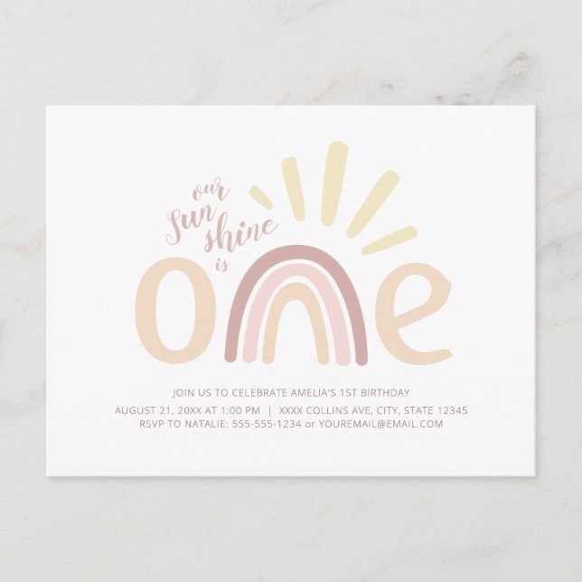 Boho Rainbow and Sunshine Einladung zum 1. Geburts Postkarte (Vorderseite)
