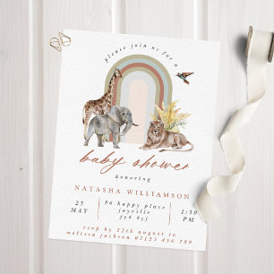 Boho Rainbow Arch & Safari Animals Baby Dusche Einladung