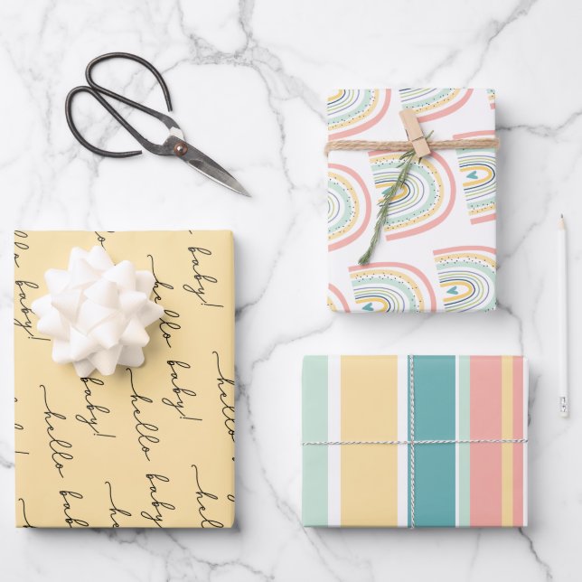Boho Rainbow Baby Gender Neutral "Hello Baby" Geschenkpapier Set (Vorderseite)