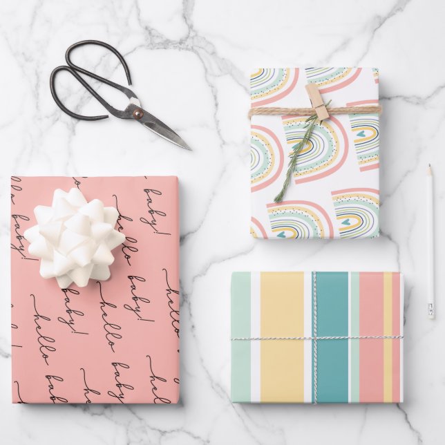 Boho Rainbow Baby Gender Neutral "Hello Baby" Wrap Geschenkpapier Set (Vorderseite)