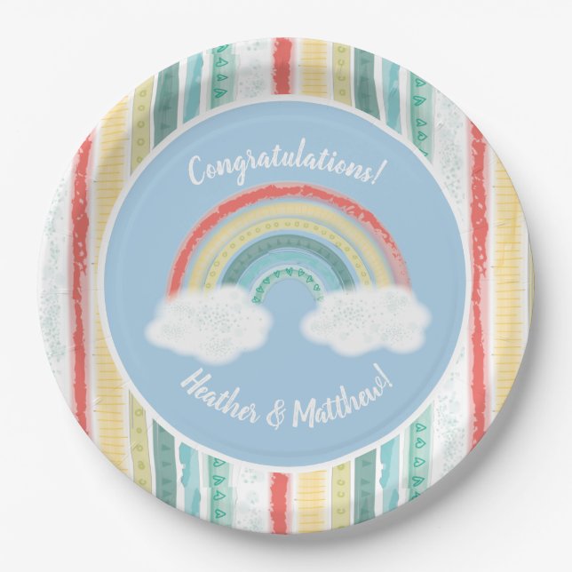 Boho Rainbow Baby Shower Blue Boy Pappteller (Vorderseite)