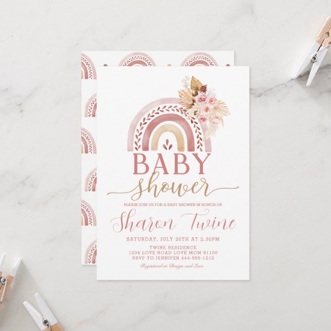Boho Rainbow Baby Shower Einladung Pampas Grass (Vorderseite/Rückseite Beispiel)