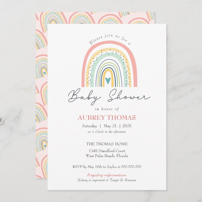 Boho Rainbow Baby Shower Handgezogenes Herz Einladung (Vorne/Hinten)