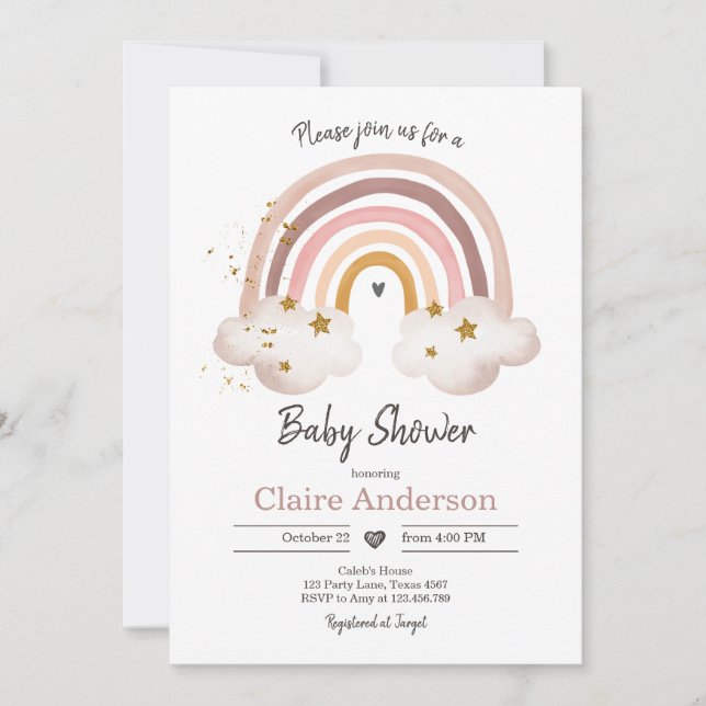 Boho Rainbow Baby Shower Invasion Girl Rustic Einladung (Vorderseite)