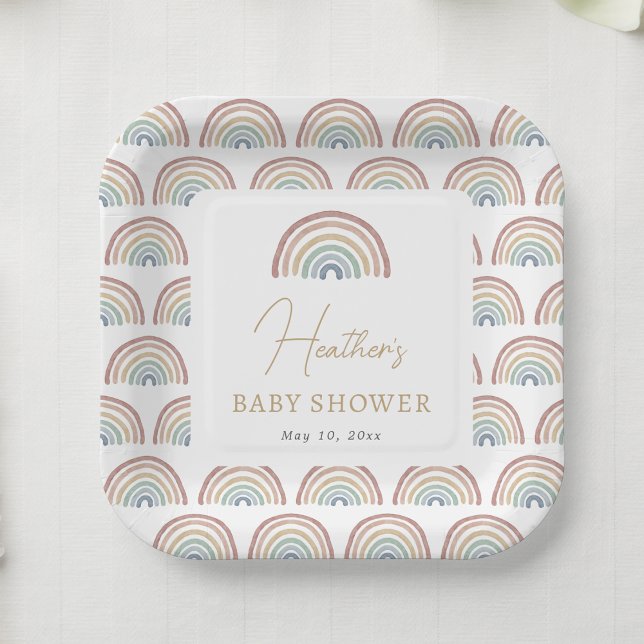 Boho Rainbow Baby Shower Pappteller (Boho Watercolor Rainbow Baby Shower Paper Plates Table Decor by Painted Paperie
)