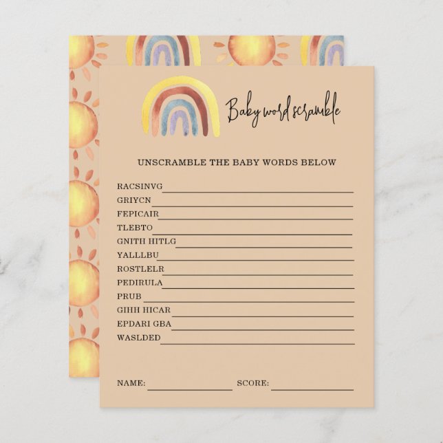 Boho Rainbow Baby Word Scramble | Baby Showspiel (Vorne/Hinten)