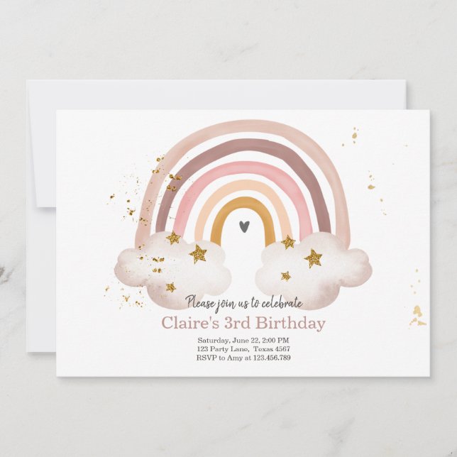 Boho Rainbow Birthday Invitation Girl Rustic Einladung (Vorderseite)