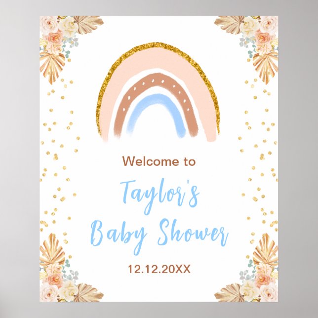 Boho Rainbow Blue Baby Dusche Willkommen Poster (Vorne)