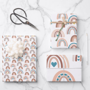 Boho Rainbow Blue Blush Gold Hearts Geschenkpapier Set