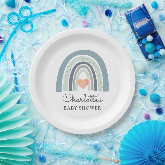 Boho Rainbow Blue Boy Baby Shower Pappteller (Party)