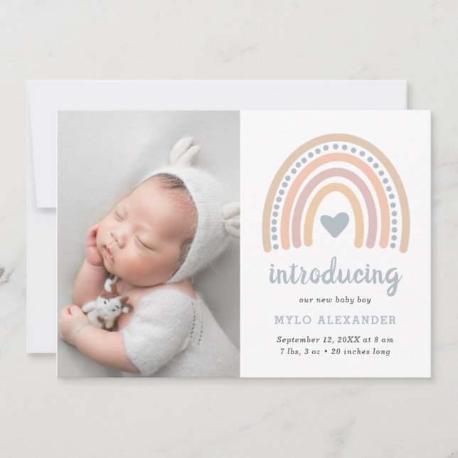 Boho Rainbow Blue Heart Niedlich Baby Boy Foto Bir Ankündigung (Vorderseite)