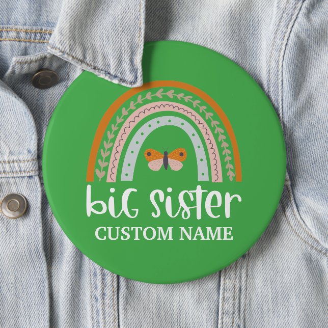Boho Rainbow & Butterfly Personalisiert Big Sister Button (Beispiel)