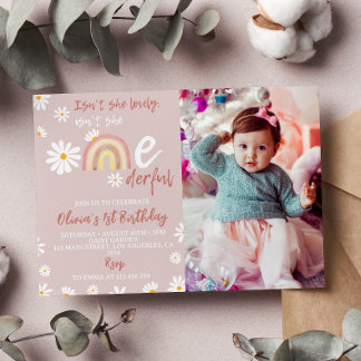 Boho Rainbow Daisy Einladung zum 1. Geburtstag