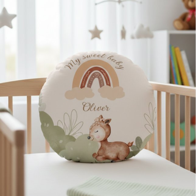 Boho Rainbow Deer Personalized Round Pillow Rundes Kissen (Von Creator hochgeladen)