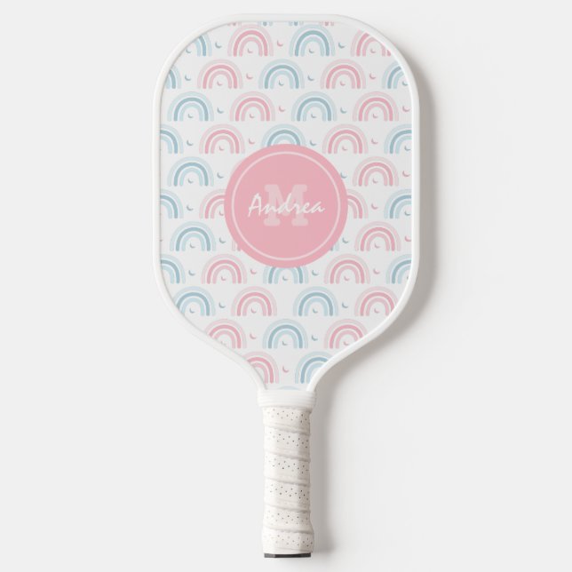 Boho Rainbow Dusty Pink & Blue Moon Monogram Niedl Pickleball Schläger (Vorderseite)