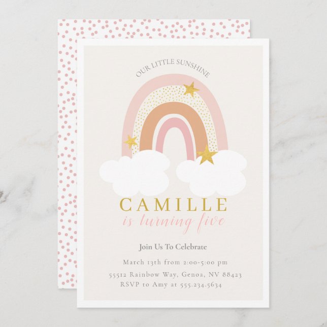 Boho Rainbow First Birthday Invitation Girl Einladung (Vorne/Hinten)