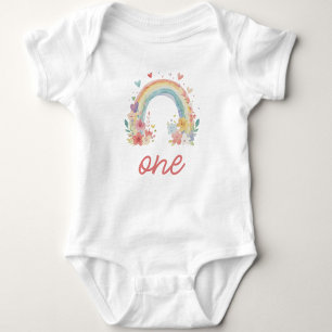 Boho Rainbow Floral Pastel "One" Baby Strampler