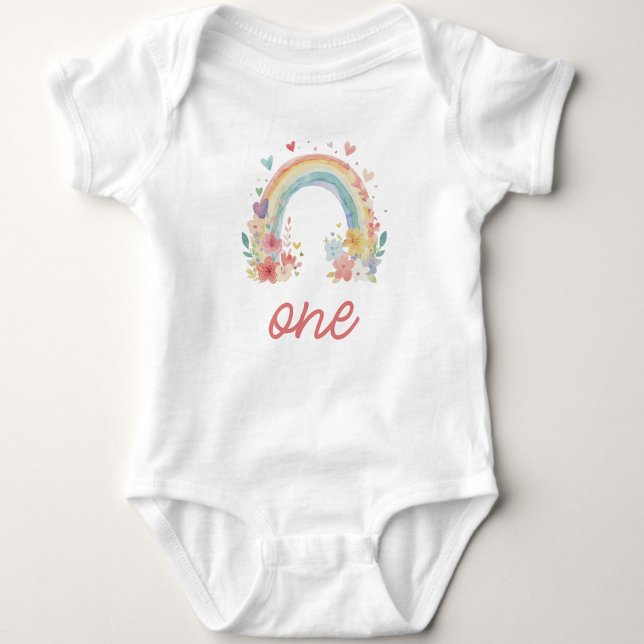 Boho Rainbow Floral Pastel "One" Baby Strampler (boho one shirt, pastel first birthday, floral rainbow outfit, baby girl birthday, cake smash outfit)