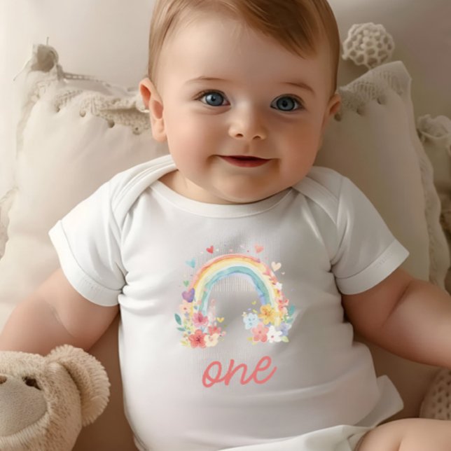 Boho Rainbow Floral Pastel "One" Baby Strampler (boho first birthday, "one" shirt, floral rainbow bodysuit, baby girl birthday, cake smash outfit)