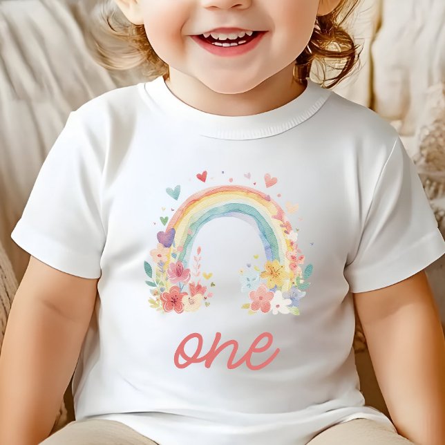 Boho Rainbow Floral Pastel "One" Baby T-shirt (boho one shirt, pastel first birthday, floral rainbow outfit, baby girl birthday, cake smash outfit)