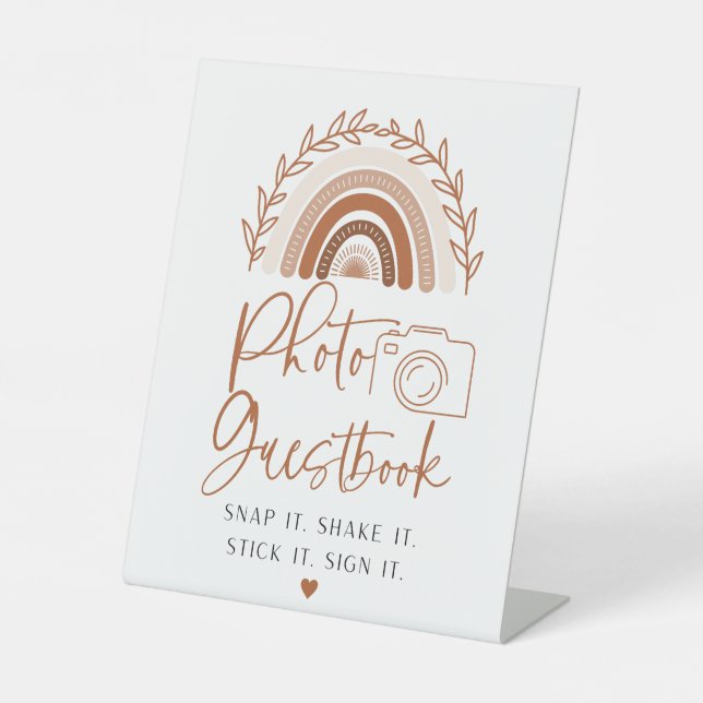 Boho Rainbow Foto Guestbook Sign Sockelschild (Vorderseite)