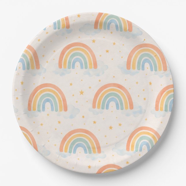 Boho Rainbow Gender Reveal Paper Plates Neutral Pappteller (Vorderseite)