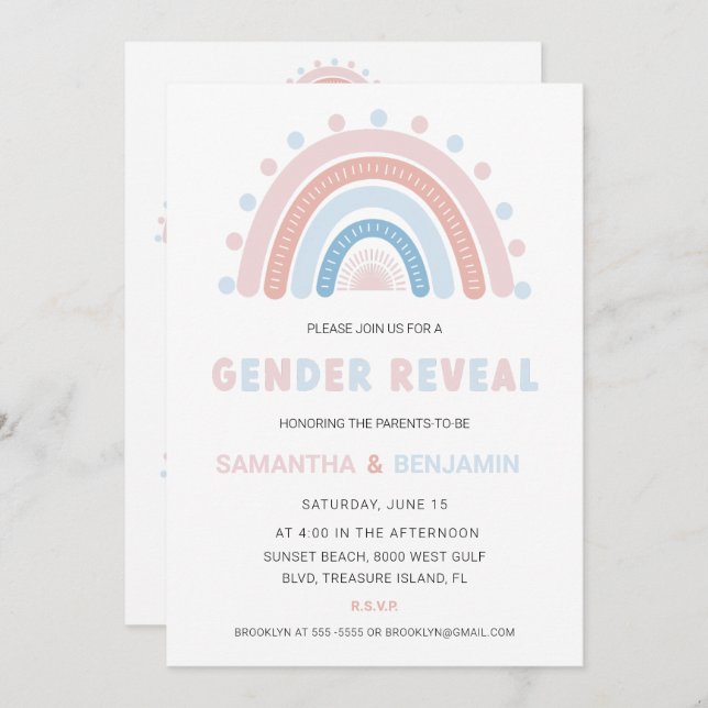 Boho Rainbow Gender Reveve Invitation, Blue & Pink Einladung (Vorne/Hinten)