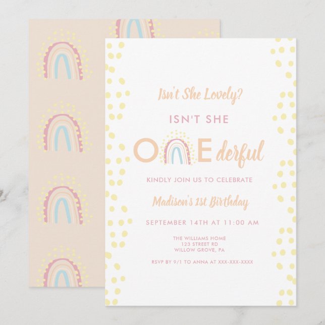 Boho Rainbow Girl Lovely Onederful Birthday Einladung (Vorne/Hinten)