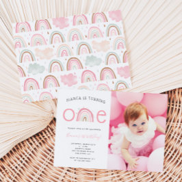 Boho Rainbow Girl's 1. Geburtstag Party Foto Invit Einladung