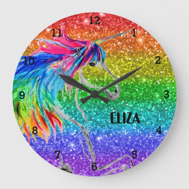 Boho Rainbow Glitzer Niedlich Girls Einhorn Kinder Große Wanduhr (Vorderseite)