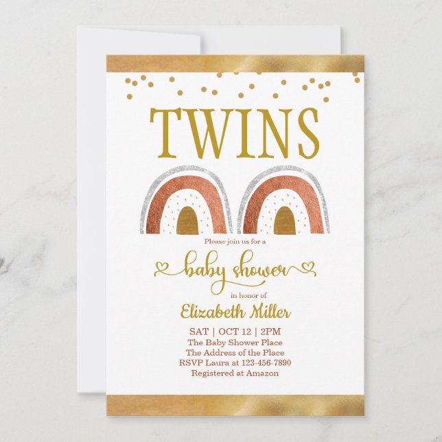 Boho Rainbow Gold Twin Baby Shower Einladung (Vorderseite)