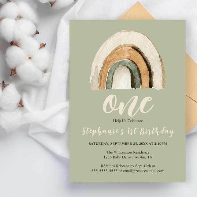Boho Rainbow Green 1. Geburtstag Einladung (Von Creator hochgeladen)
