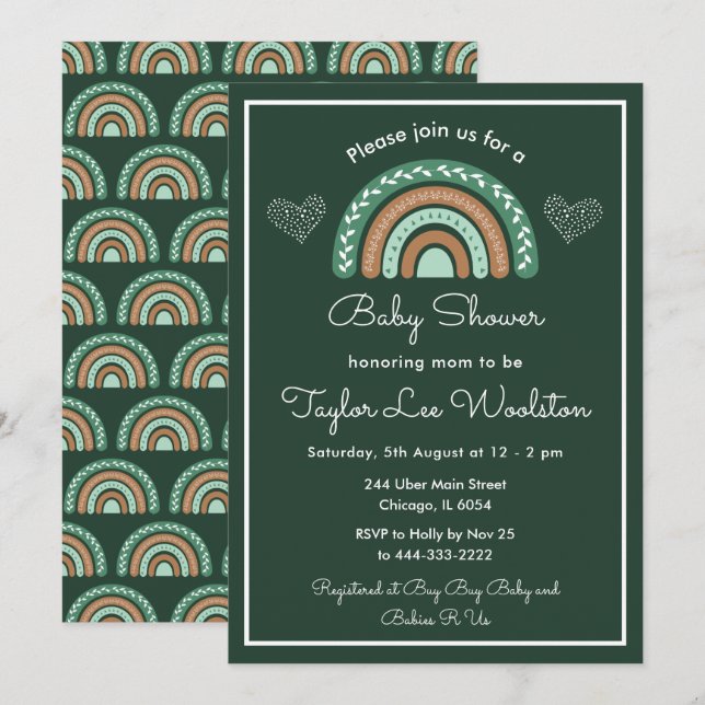 Boho Rainbow Green and Brown Baby Shower Einladung (Vorne/Hinten)